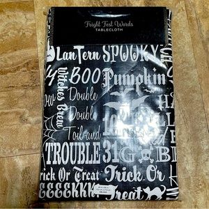 BNIP Halloween PEVA Tablecloth flannel backing Fright Fest Words Black 60x84